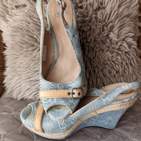UGG blue high heeled peekaboo toe wedge sandals with rope trim size 8 - Picture 1 of 10
